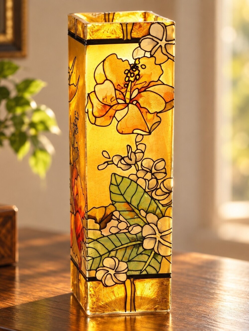 Hand Painted Mosaic Style Raised Floral Amber Glass Tall Square Decorative Vase